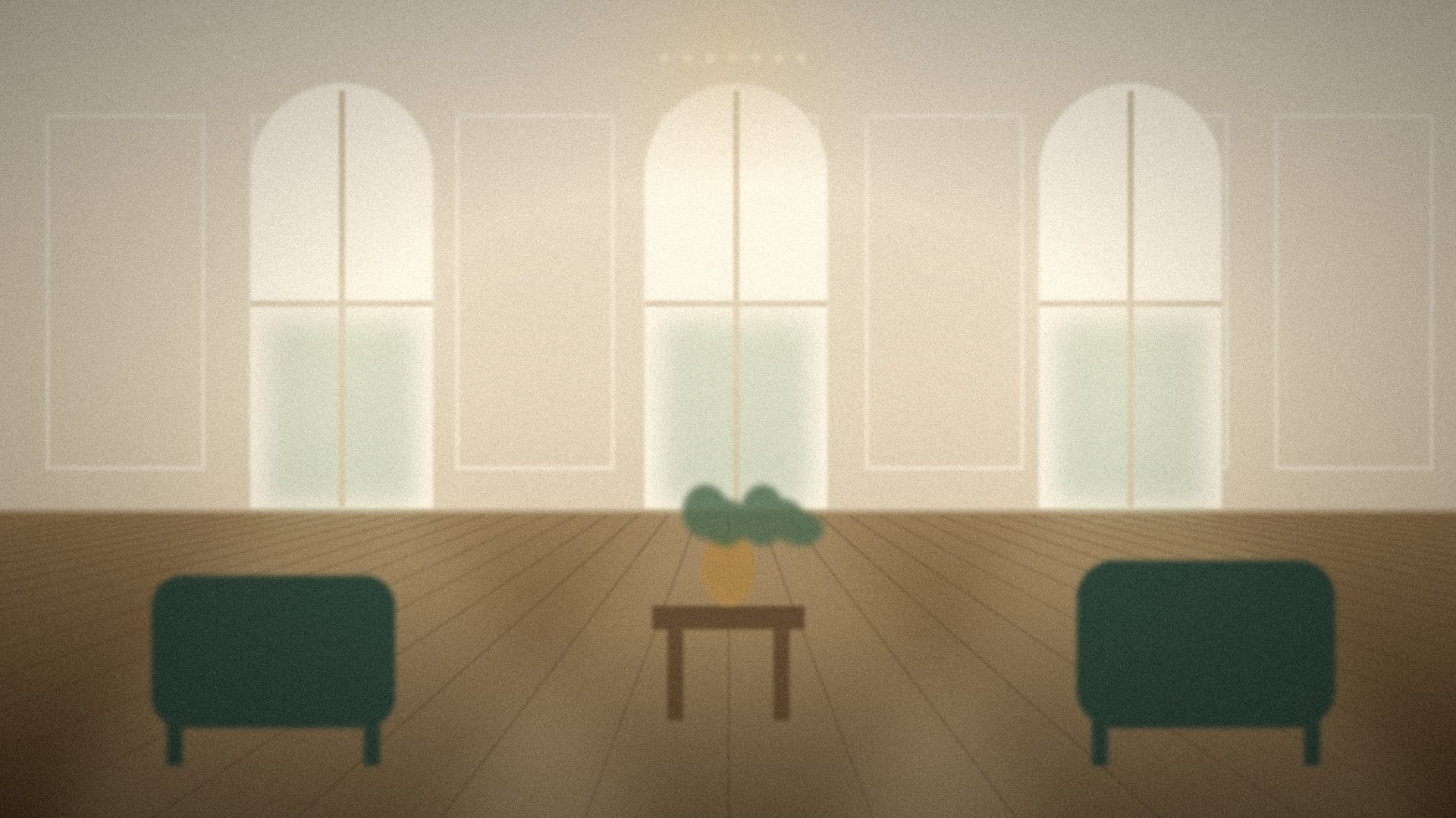 Salon d'un hôtel particulier baigné de lumière, hautes fenêtres cintrées et fauteuils vert bouteille